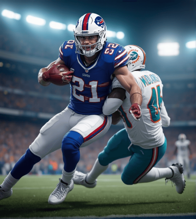 Buffalo Bills running back breaking a tackle from a Miami Dolphins defender during an intense NFL game.