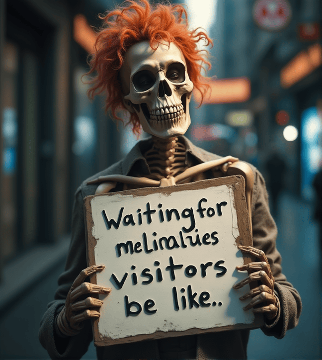 "A skeleton holding a signboard that reads 'Waiting for visitors be like', representing the frustration of waiting for website visitors. Humorous depiction of slow website traffic."