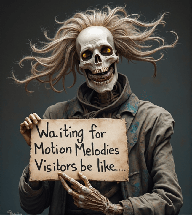 "A skeleton holding a signboard that reads 'Waiting for visitors be like', representing the frustration of waiting for website visitors. Humorous depiction of slow website traffic."