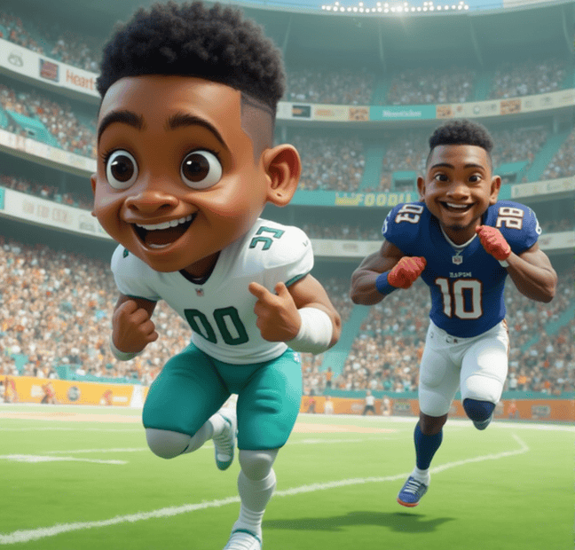 Cartoon versions of NFL players racing on the field, bringing humor and fun to a football game.