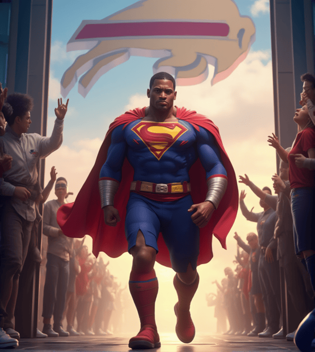 Damar Hamlin portrayed as a superhero walking out of a hospital, with glowing strength and fans cheering, symbolizing his inspiring recovery from his injury.