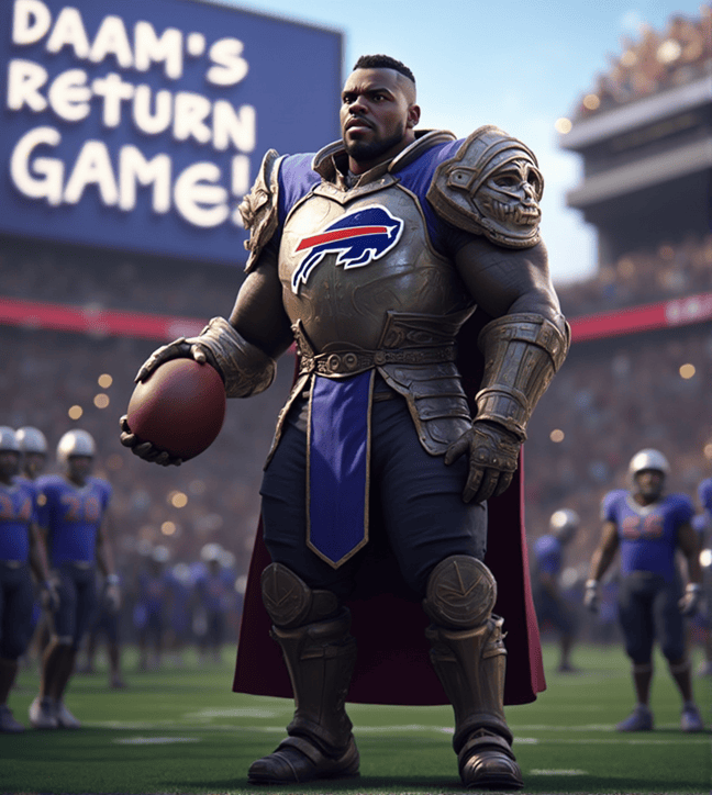 Damar Hamlin suited up in medieval armor with a glowing Buffalo Bills logo, standing ready on the football field for his comeback game.