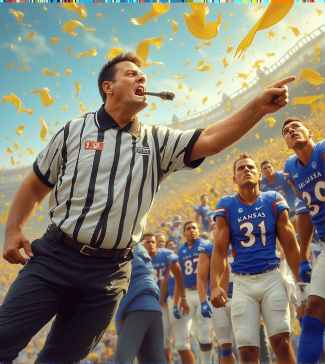 "Referee throwing flags during Kansas Jayhawks football game as Kansas players watch in anticipation."