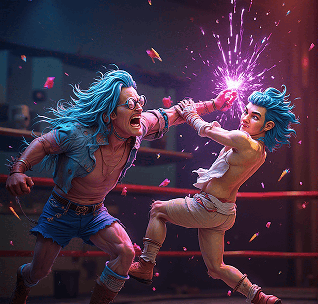 Two animated fighters with vibrant blue hair engage in a dynamic battle, exchanging blows that emit bright, electric purple sparks in a boxing ring.