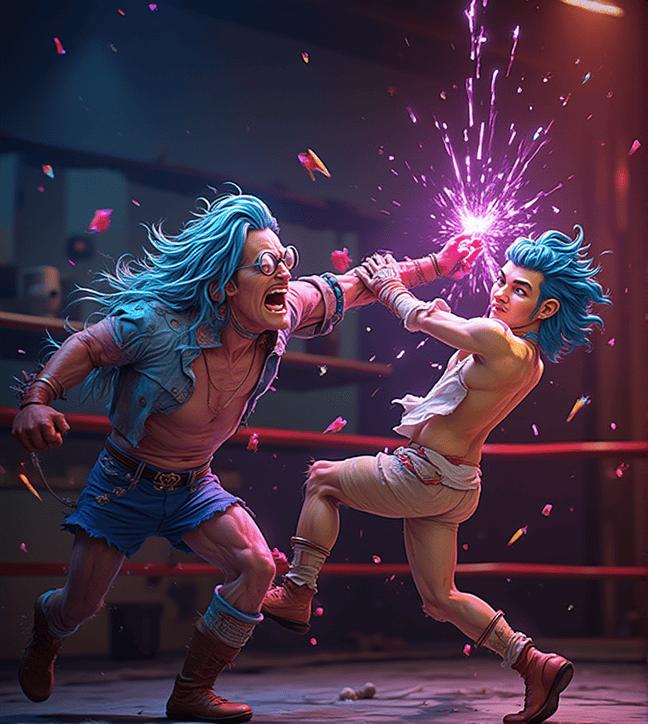  Two animated fighters with vibrant blue hair engage in a dynamic battle, exchanging blows that emit bright, electric purple sparks in a boxing ring.