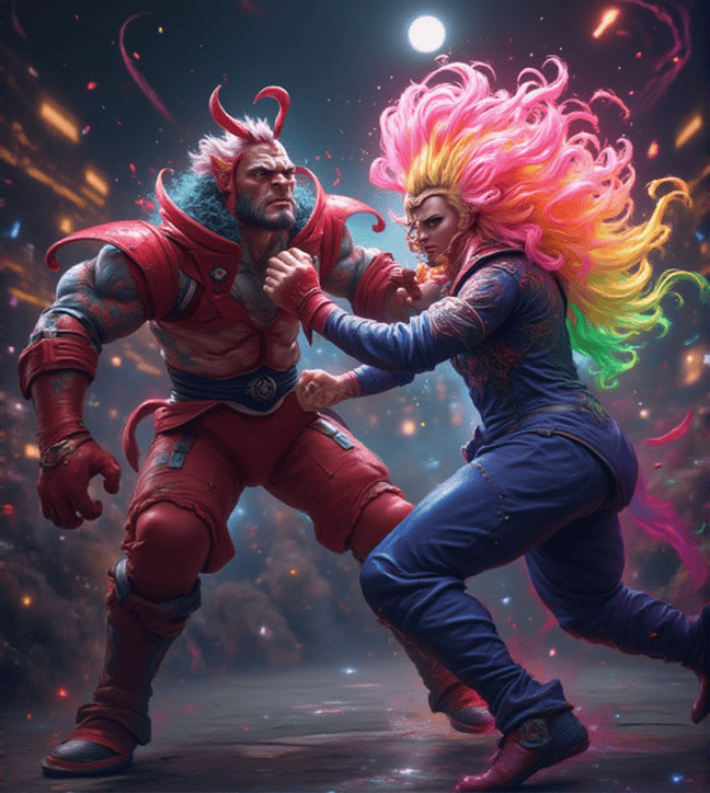 Two futuristic, colorful fighters square off in an intense battle scene, one with a rainbow mane and the other in red armor, symbolizing a clash of styles.