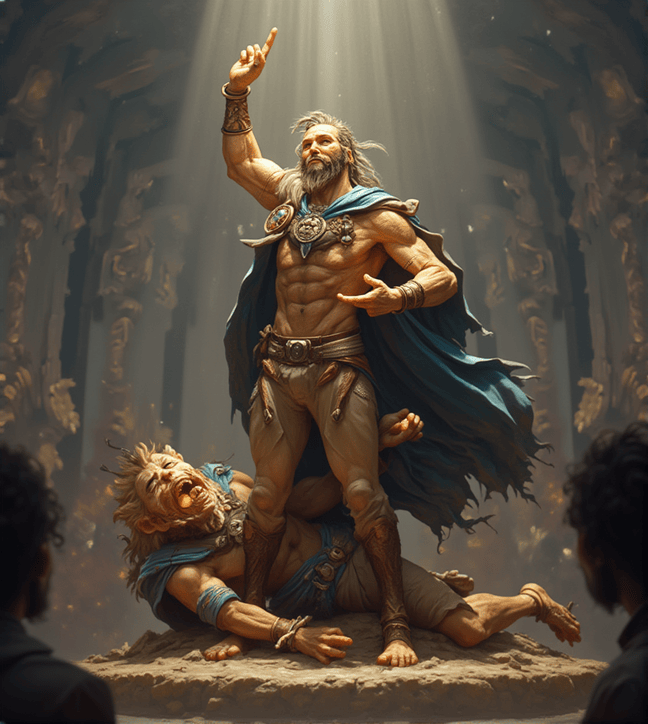 A powerful warrior stands victoriously over a defeated opponent, raising his finger toward the sky under a heavenly beam of light, resembling a mythological figure.