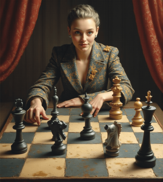 A woman sits confidently at a chessboard, planning her next strategic move in an intense game.