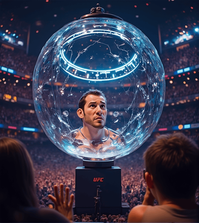  A UFC fighter inside a futuristic glass bubble, observed by a crowd in a large arena, symbolizing his isolation and intense focus before the fight.