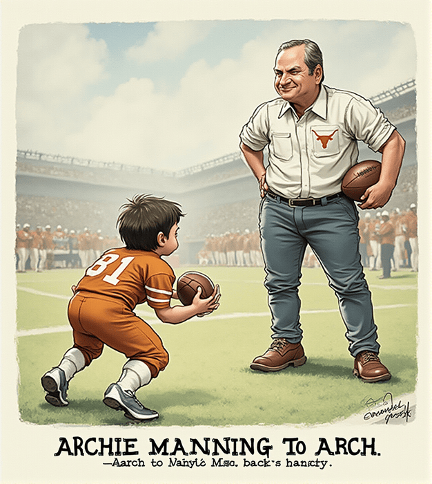  Archie Manning proudly watches young Arch Manning on the football field, dressed in a Texas Longhorns jersey, symbolizing the passing of the football legacy from one generation to the next.