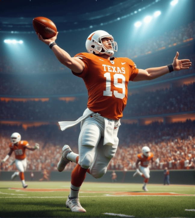  Arch Manning, in his Texas Longhorns football uniform, throwing a touchdown pass in a packed stadium during a high-energy game.