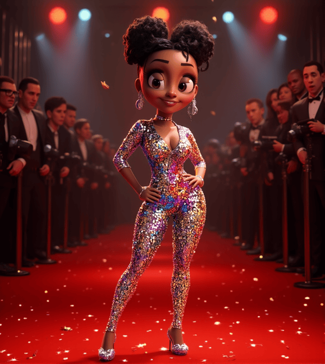 "Ayo Edebiri in a sparkling mosaic-like sequined outfit at the 2024 Emmys, Pixar-style."