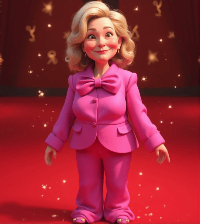 "Meryl Streep in a bubblegum pink pantsuit with a large bow at the 2024 Emmys, Pixar-style."