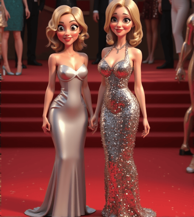 "Kristen Wiig and Gillian Anderson in metallic gowns at the 2024 Emmys, Pixar-style."