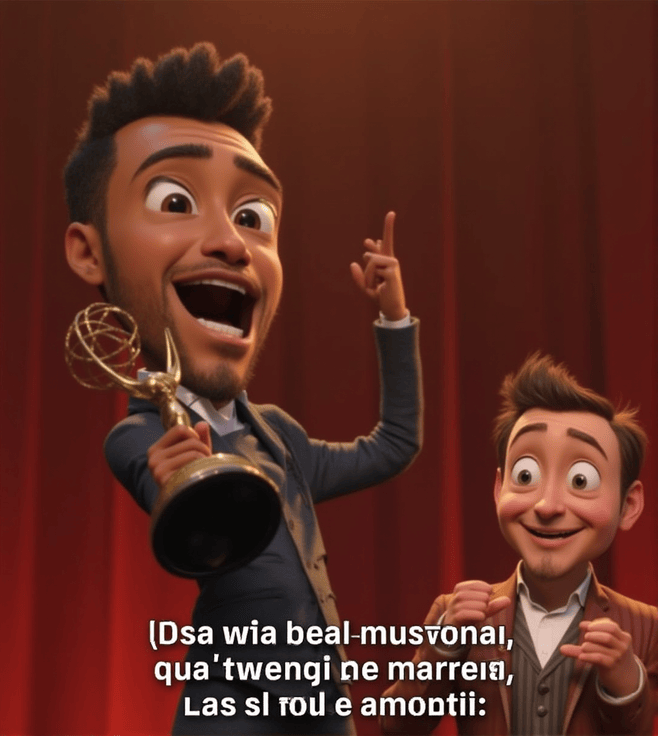 "Lamorne Morris Pixar-style meme holding his Emmy, celebrating his win over Robert Downey Jr. at the 2024 Emmys."