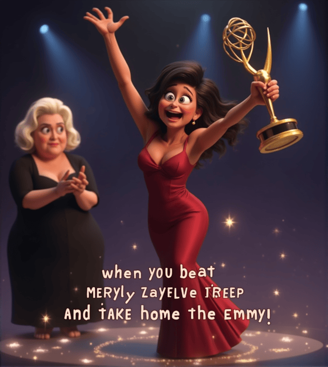 "Liza Colón-Zayas Pixar-style meme celebrating her Emmy win over Meryl Streep at the 2024 Emmys."