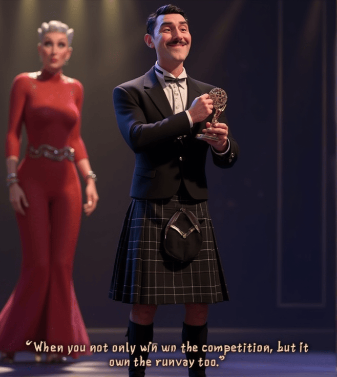 "Alan Cumming Pixar-style meme celebrating his win at the 2024 Emmys in a kilt, owning the runway and the competition."