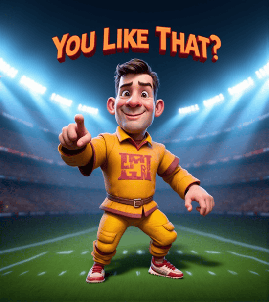 "3D cartoon of Kirk Cousins saying 'You Like That?' on a football field."