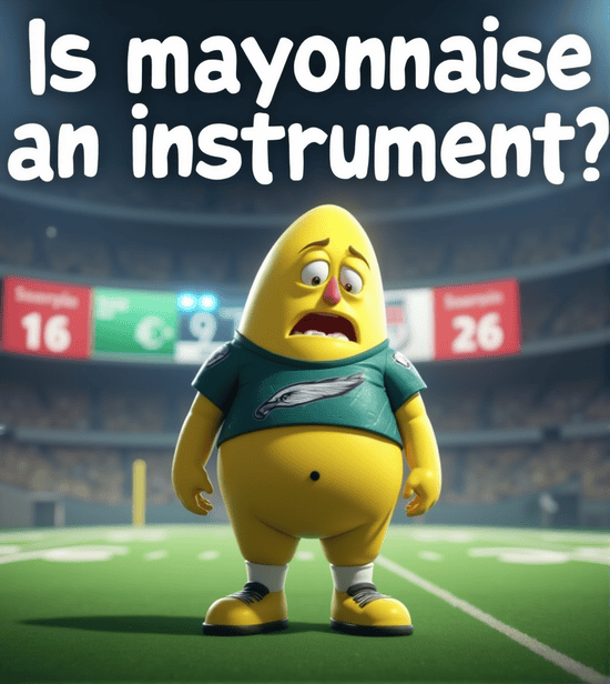 "3D cartoon character in Eagles jersey looking confused with the text 'Is mayonnaise an instrument?'"