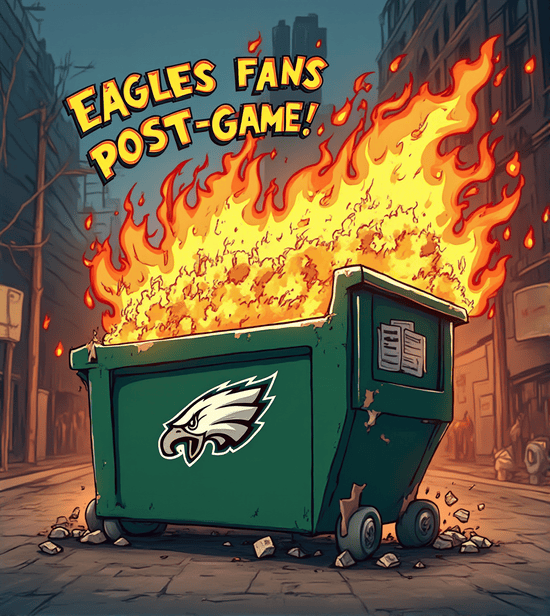 "Dumpster fire with Eagles logo and text 'Eagles fans post-game' after Monday Night Football loss."