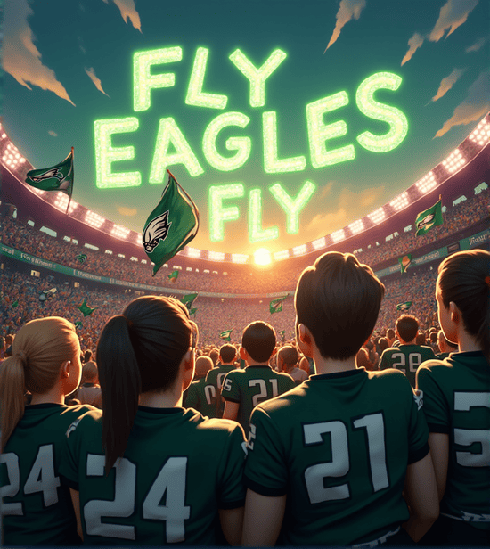 "Eagles fans cheering in a stadium with 'Fly Eagles Fly' text glowing above."