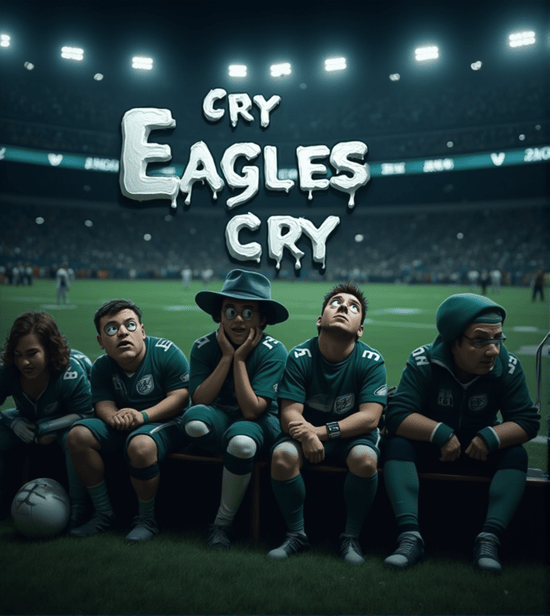 "Dejected Eagles fans sitting in a stadium with the text 'Cry Eagles Cry' above them."