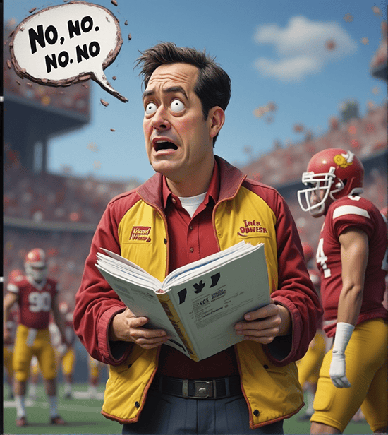 "Coach panicking on the sidelines with a playbook, saying 'No, no, no' in a 3D cartoon style."