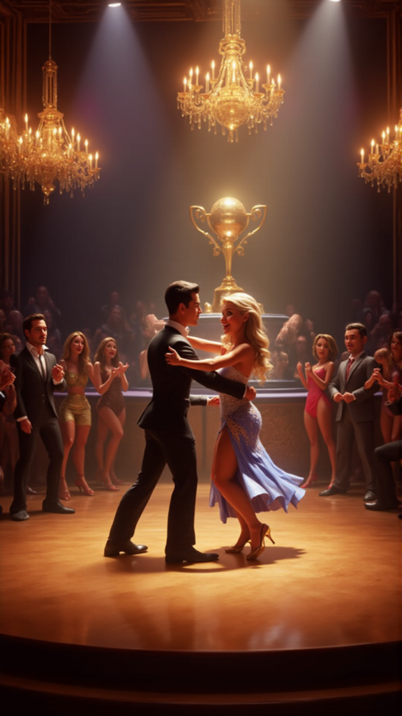 Dancing couple performing in the ballroom during Dancing with the Stars Season 33, surrounded by audience and chandeliers.