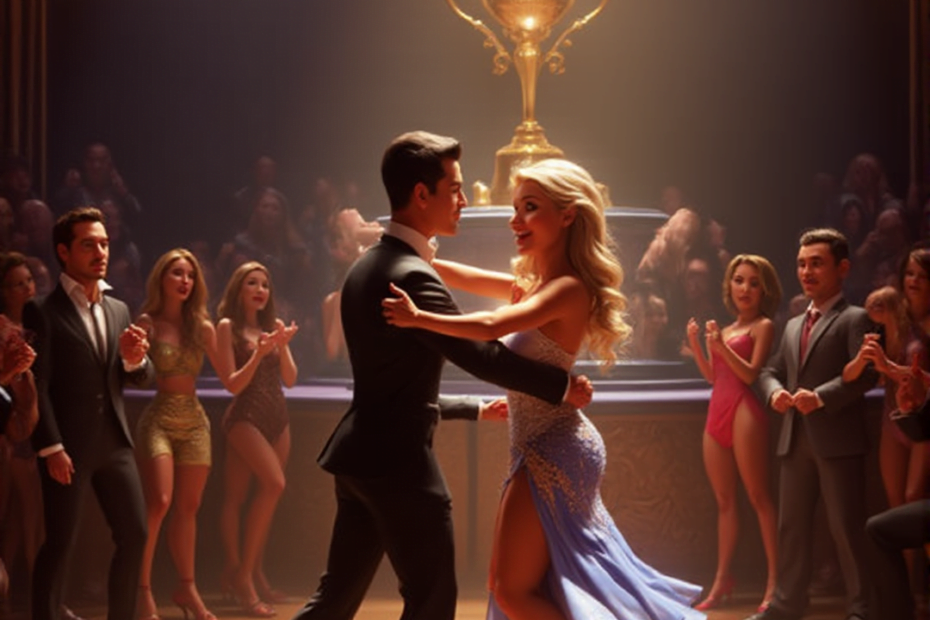 Dancing couple performing in the ballroom during Dancing with the Stars Season 33, surrounded by audience and chandeliers.