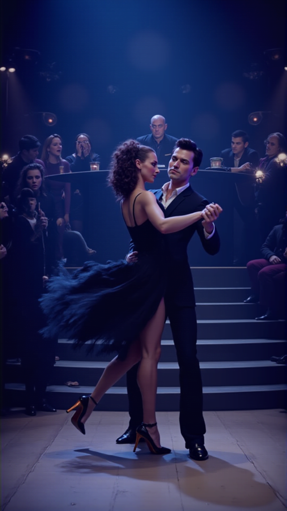 A couple performing a graceful ballroom dance in front of an entranced audience during Dancing with the Stars Season 33 premiere.