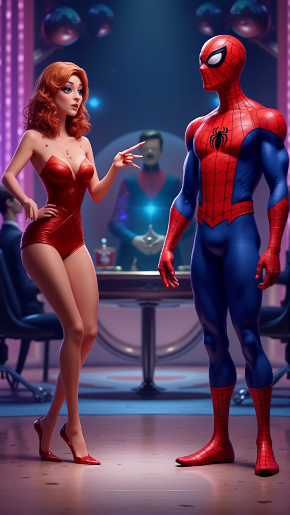 Woman in a red dress pointing at Spider-Man in a humorous scene, referencing the Spider-Man meme during Dancing with the Stars Season 33 premiere.