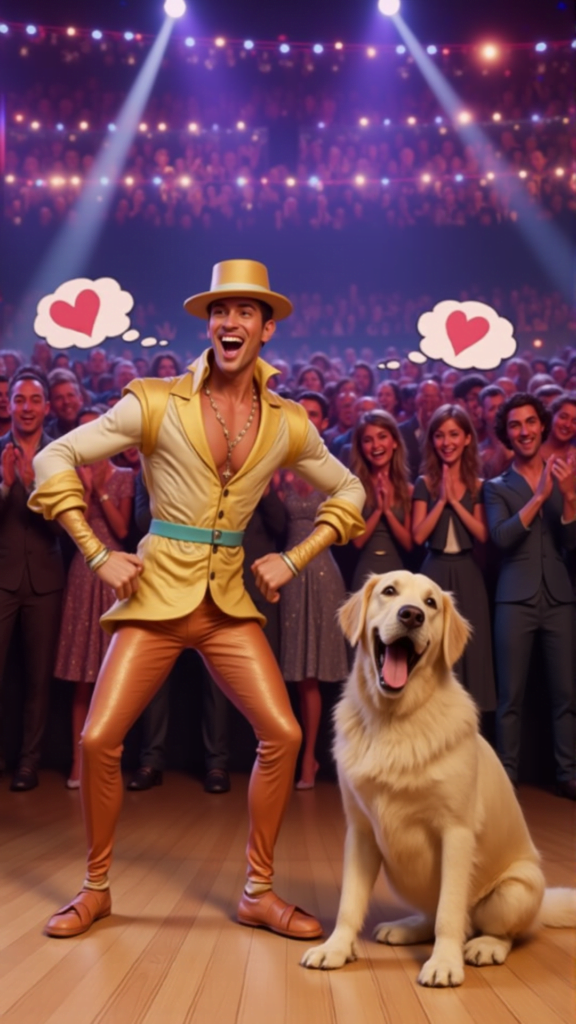 Joey Graziadei dressed in gold next to a golden retriever, humorously representing his "Golden Retriever energy" during Dancing with the Stars Season 33 premiere.