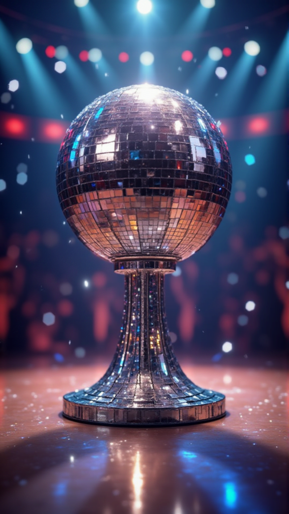 Mirrorball trophy on a sparkling ballroom stage under bright lights during Dancing with the Stars Season 33 premiere.