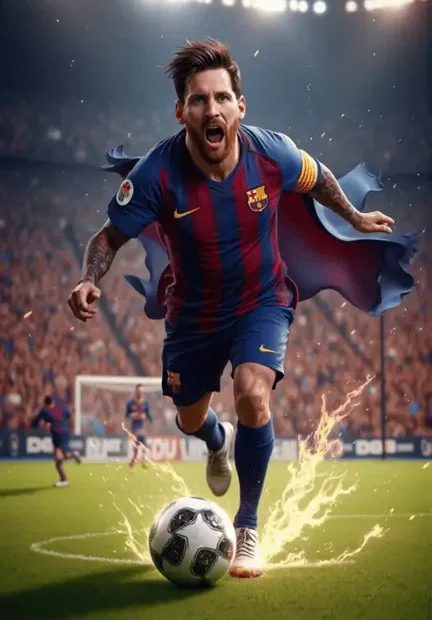 "3D illustration of Lionel Messi in a superhero pose, wearing a Barcelona jersey running with a football on fire, symbolizing his impact in the Inter Miami vs Atlanta United match."