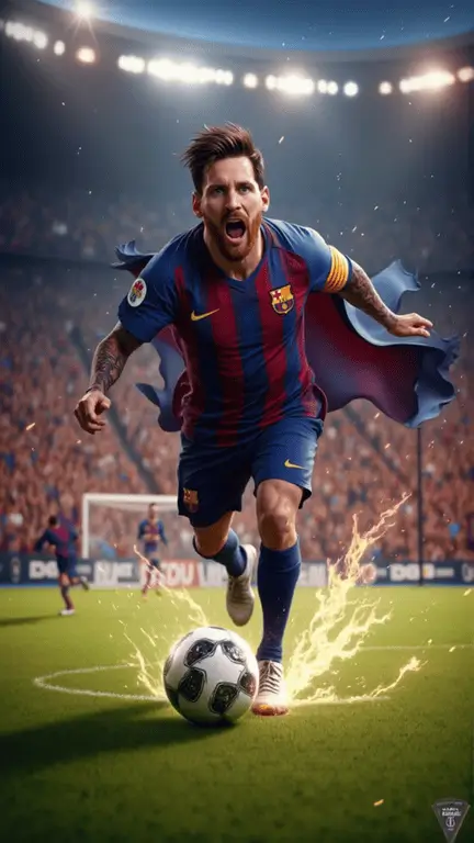 "3D illustration of Lionel Messi in a superhero pose, wearing a Barcelona jersey running with a football on fire, symbolizing his impact in the Inter Miami vs Atlanta United match."