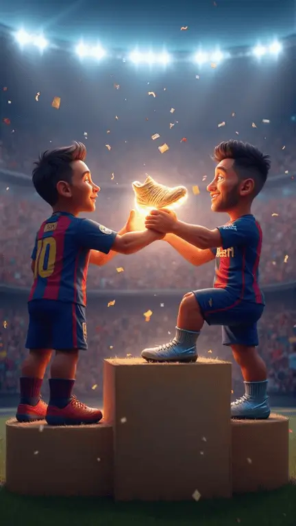 "3D cartoon-style image of Lionel Messi passing a glowing golden boot to Leo Campana, symbolizing Campana breaking the all-time scoring record for Inter Miami during the Inter Miami vs Atlanta United match."