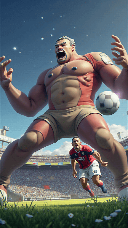 "Cartoon-style 3D image showing a towering defender as a giant, with a smaller player attempting to chase the ball, symbolizing a David vs. Goliath moment during the MLS match between MLS and Atlanta United."