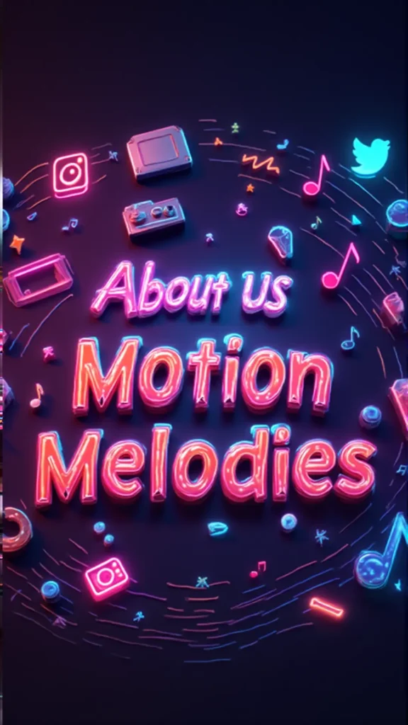 "Vibrant 3D logo of Motion Melodies featuring glowing text, music notes, viral meme icons, and social media symbols, representing pop culture and internet trends."