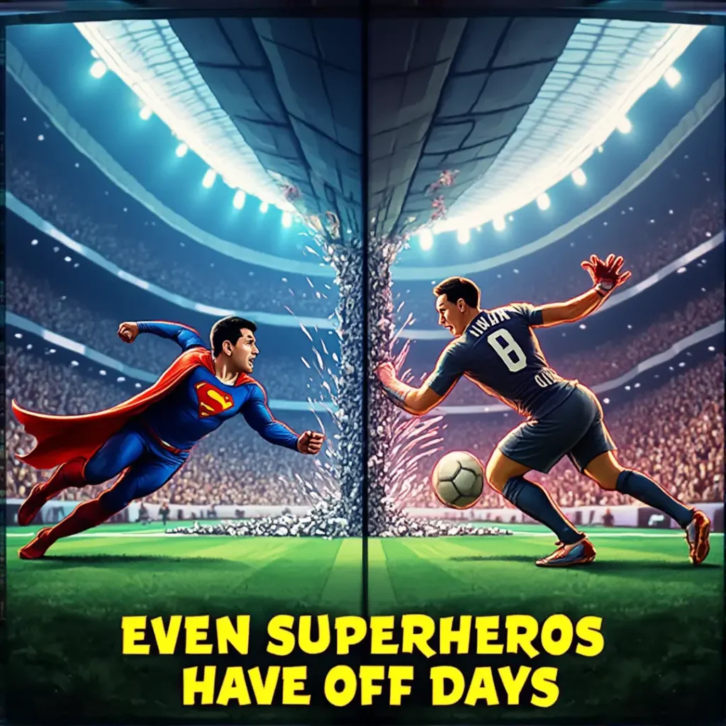 "Humorous meme of Superman flying to save Inter Miami, side-by-side with Messi taking a shot blocked by Guzan, symbolizing the Inter Miami vs Atlanta United match with the caption 'Even Superheroes Have Off Days.'"