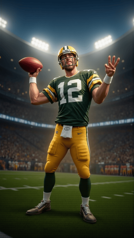 Aaron Rodgers in a vintage football uniform holding a football on the field during Thursday Night