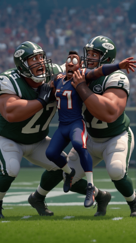 Two Jets defenders comically tackle a startled Patriots player during the Patriots vs. Jets game in a Pixar-style animation.