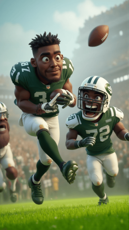 Two excited Jets defenders in Pixar-style animation chasing down a football during a key play in the Patriots vs. Jets game.