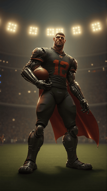 Aaron Rodgers depicted as a robotic superhero, holding a football in a stadium under bright lights.