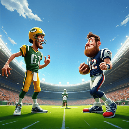 Cartoon-style Aaron Rodgers and a Patriots player facing off on the football field in a lighthearted, Pixar-inspired scene.