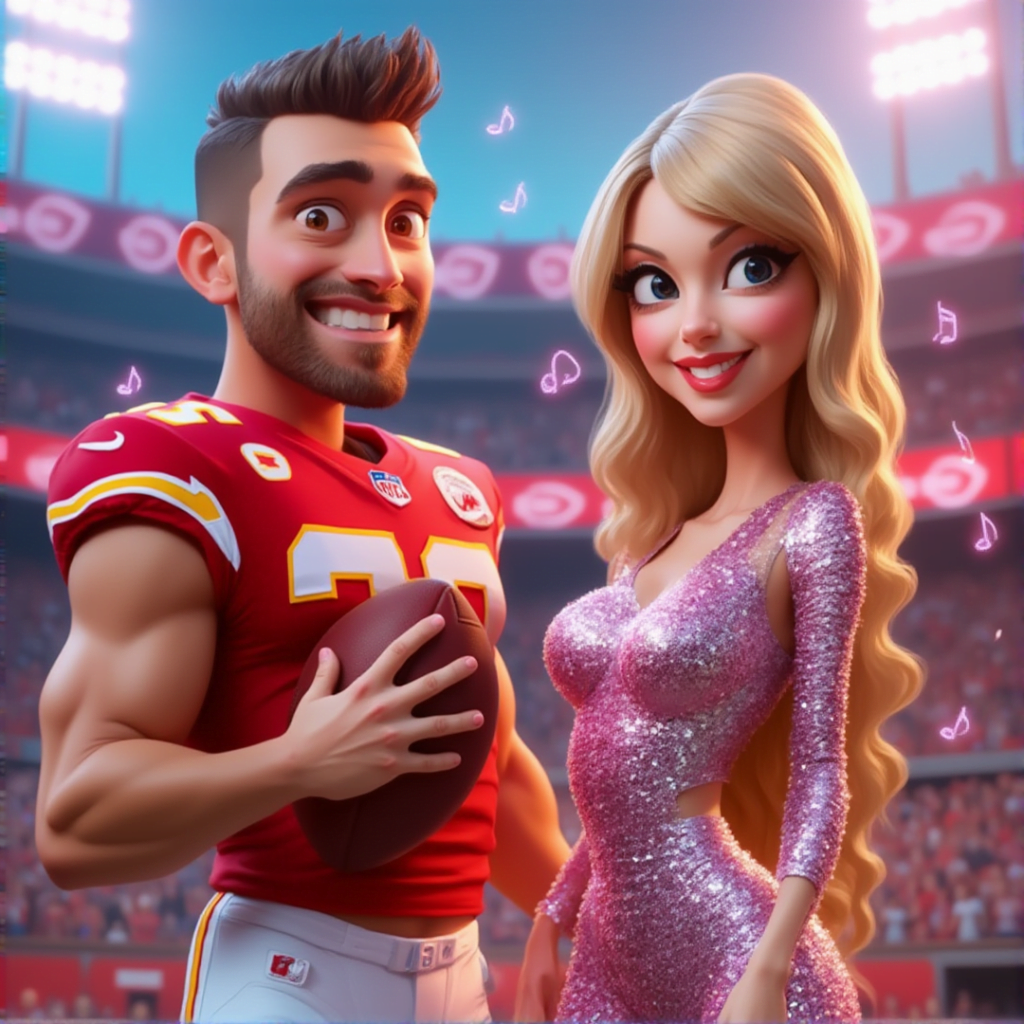  Animated Travis Kelce in Chiefs uniform standing next to glamorous Taylor Swift in a glittery pink dress at a football stadium.