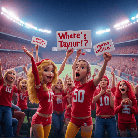 Animated Swifties and Chiefs fans holding "Where’s Taylor?" signs in a lively football stadium.