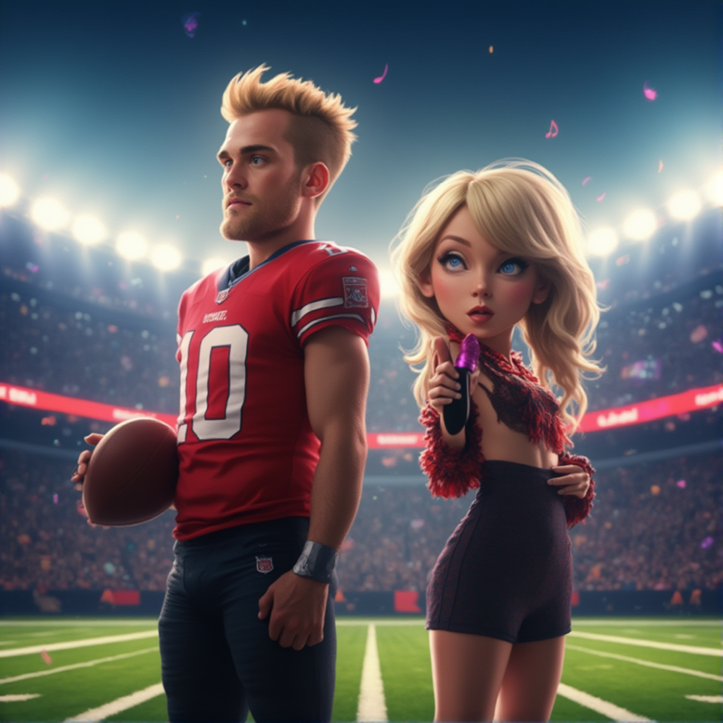 Animated Travis Kelce standing on a football field in his Chiefs uniform, with Taylor Swift next to him holding a microphone, pointing toward the audience under stadium lights.