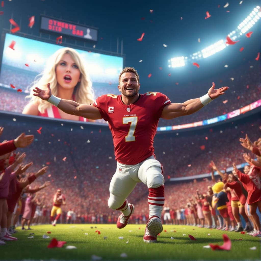 Animated Kansas City Chiefs player celebrating on the field with arms raised, as Taylor Swift appears on the stadium’s big screen behind him. Confetti falls around the stadium.