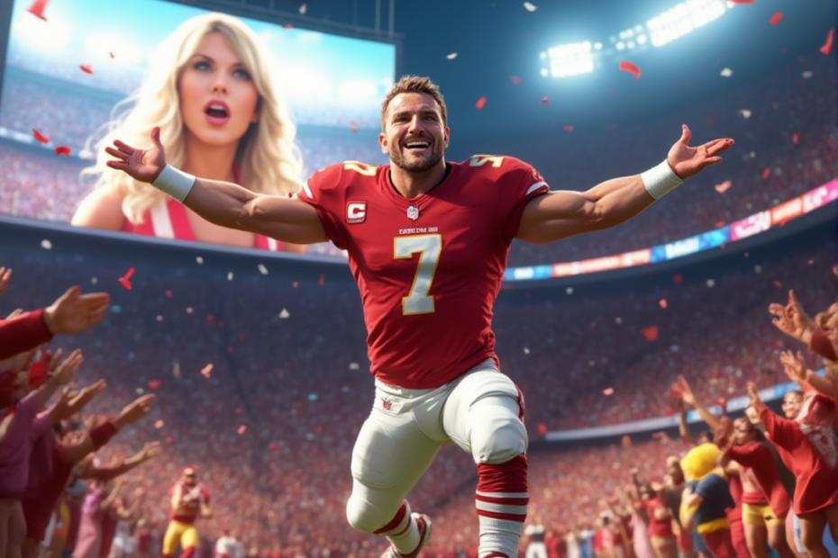 Animated Kansas City Chiefs player celebrating on the field with arms raised, as Taylor Swift appears on the stadium’s big screen behind him. Confetti falls around the stadium.