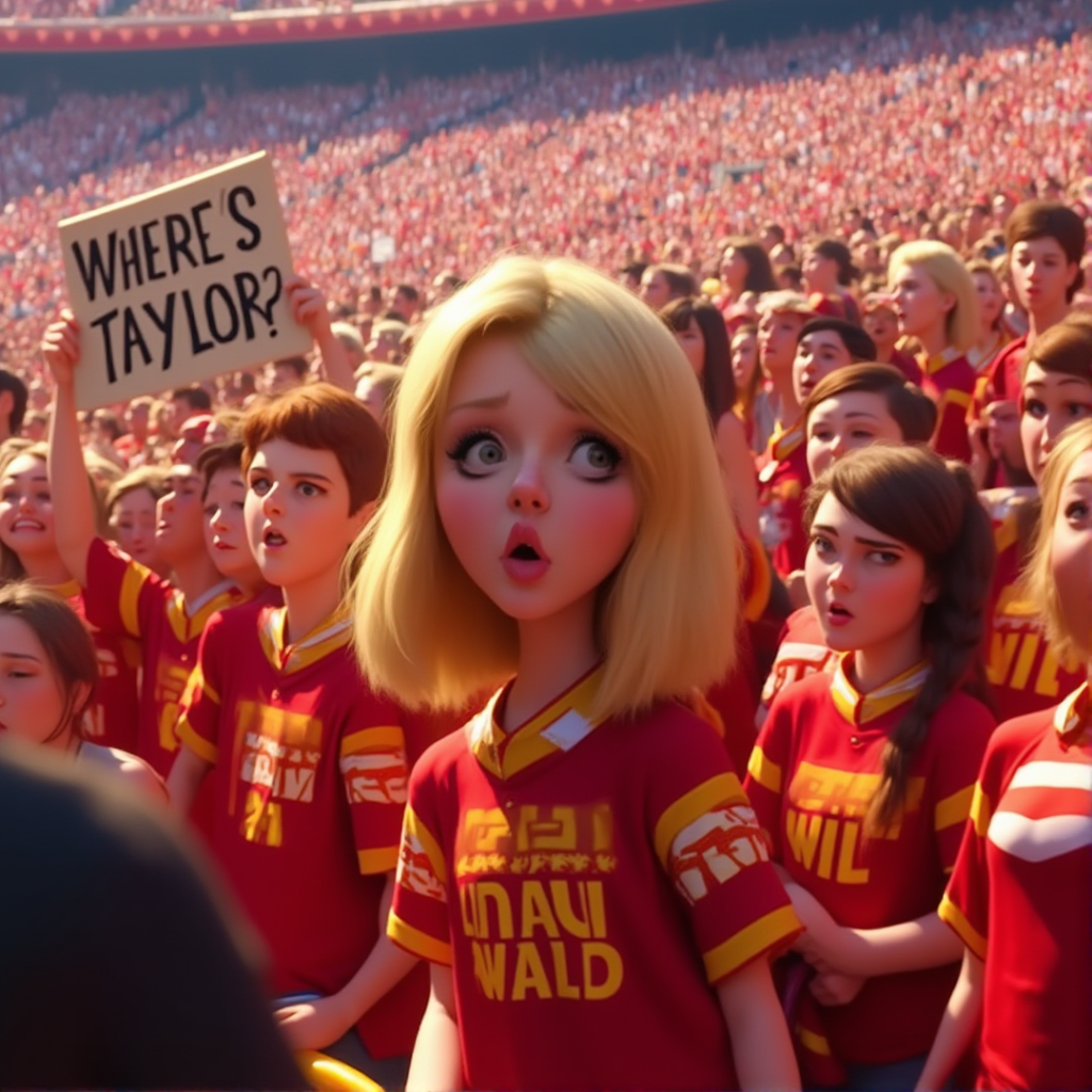 Animated fan in a Chiefs jersey looking shocked, surrounded by a crowd, with a "Where’s Taylor?" sign in the background.